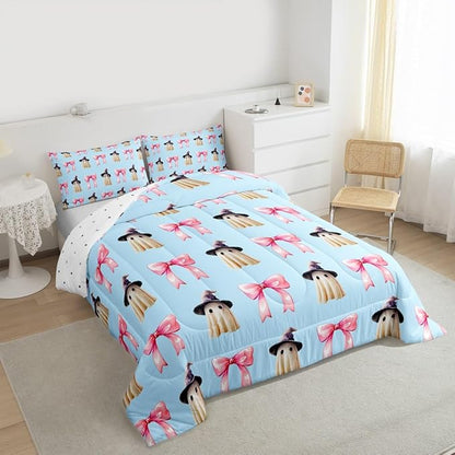 Erosebridal Halloween Ghost Bedding Set King, Ghost with Wizard Hat Pink Bow Comforter Set, Cute Blue Spooky Comforter for Kid Boys Girls Teens Women Kawaii Room Decor, Halloween Decorations Quilt