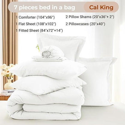 MUXHOMO 7 Pieces California King Comforter Set, Soft Bed in a Bag Cal King Size, All Season Bedding Set with Comforter, Flat Sheet, Fitted Sheet, Pillowcases & Shams, White