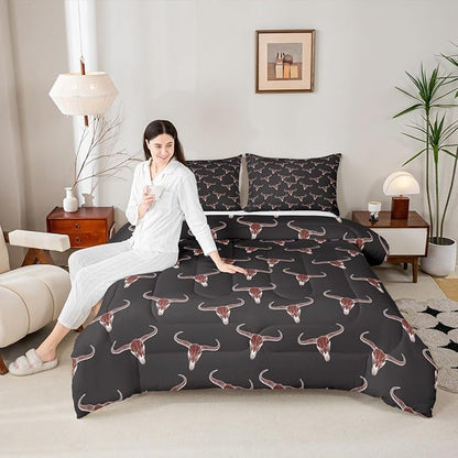 Erosebridal Bull Skull Comforter Set Full Ethnic Bohemian Bedding for Men Boys | Tribal Steer Skull Wildlife Aztec Bedroom Decor Farmhouse Cabin Lodge Duvet Insert with 2 Pillow Cases,Black Red