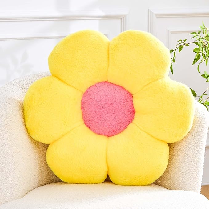 Flower Pillow Cute Decorative Throw Pillow with Faux Rabbit Fur Soft Daisy Plush Floor Cushion Aesthetic Flower Shaped Pillow Home Decor for Bed Sofa Couch (Yellow 19.6 Inch)