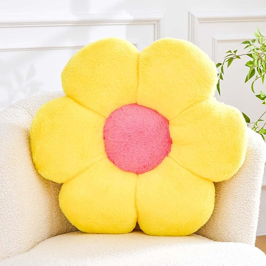Flower Pillow Cute Decorative Throw Pillow with Faux Rabbit Fur Soft Daisy Plush Floor Cushion Aesthetic Flower Shaped Pillow Home Decor for Bed Sofa Couch (Yellow 14.9 Inch)