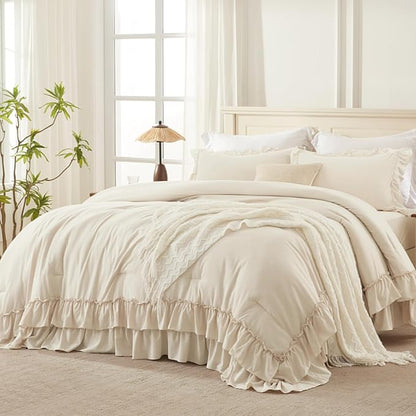 Andency Super King Ruffle Comforter Set, 3 Pieces Farmhouse Shabby Chic Bedding Set, Lightweight Soft Oversized King Comforter Set 120x120 for Girls Women (1 Comforter 2 Pillowcases), Beige