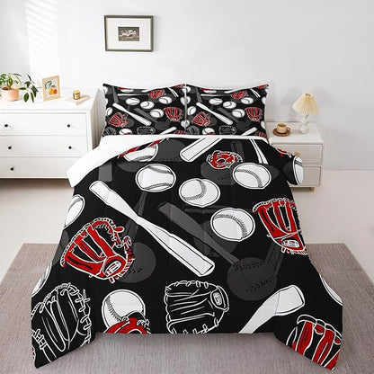 Erosebridal 3D Baseball Comforter Set Queen Sport Theme Bedding Set Men Young Ball Games Bedding Comforter Sets Black White Grey Down Comforter Lightweight Bedroom Decor with 2 Pillow Cases