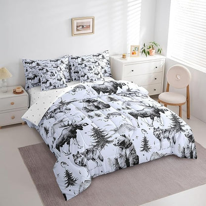Erosebridal 7 Pcs Comforter Set Twin Size,Rustic Animal Bed in a Bag with Flat Sheet and Fitted Sheet for Kids and Adults,Farmhouse Cabin Lodge Bedding Set with Pillowcases and Cushion Cases