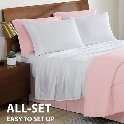 Cathay Home Basic Bedding Home Essential Ultra Soft Lightweight 8PC Wrinkle Resistant Microfiber Bed in a Bag Set (Includes Complete Sheet Set, Comforter Set & Bedskirt) - Queen, Rose Blush