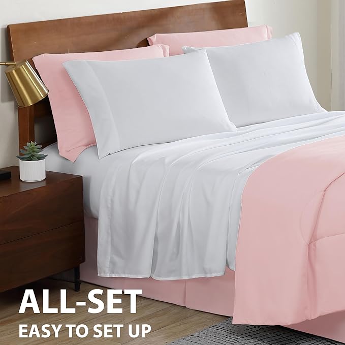 Cathay Home Basic Bedding Home Essential Ultra Soft Lightweight 8PC Wrinkle Resistant Microfiber Bed in a Bag Set (Includes Complete Sheet Set, Comforter Set & Bedskirt) - King, Rose Blush