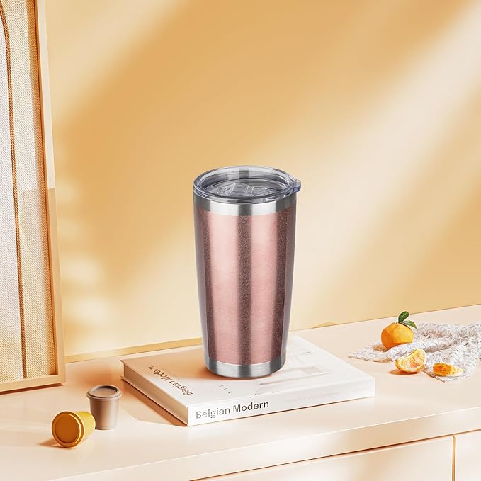 20oz Tumbler with Lid Stainless Steel Insulated Tumblers Travel Coffee Tumbler Bulk Double Wall Vacuum Insulated Water Cup Christmas Gifts for Women Men Her Him Home Office (Rose Gold, 1pack)
