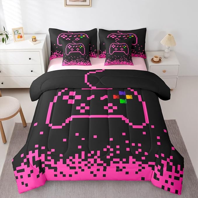 Castle Fairy Gamepad 7 Piece Bedding Set Full Size,Pixel Miners Games Comforter & Sheet Sets Pink Plaid Patchwork Bed in a Bag Modern Fashion Flat & Fitted Sheets,4 Pillow Covers