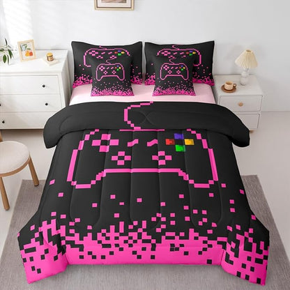 Castle Fairy Gamepad 7 Piece Bedding Set Full Size,Pixel Miners Games Comforter & Sheet Sets Pink Plaid Patchwork Bed in a Bag Modern Fashion Flat & Fitted Sheets,4 Pillow Covers