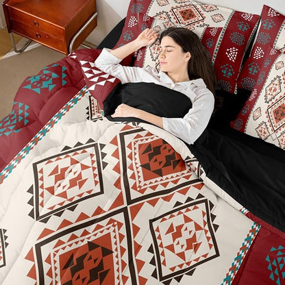 Erosebridal Vintage Western Bed in A Bag Queen 7 Pcs Exotic Geometric Aztec Comforter Set for Kids Teens Farmhouse Bohemian Mexican Style Bedding Sets Native Southwestern Sheet Set with Comforter
