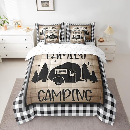 Full 7Pcs Family Camping Comforter Set - Bed in a Bag - Rv Camper - Black and White Sketch Lines Comforter Set with 1 Comforter, 1 Flat Sheet, 1 Fitted Sheet, 2 Pillowcases and 2 Throw Pillow Covers