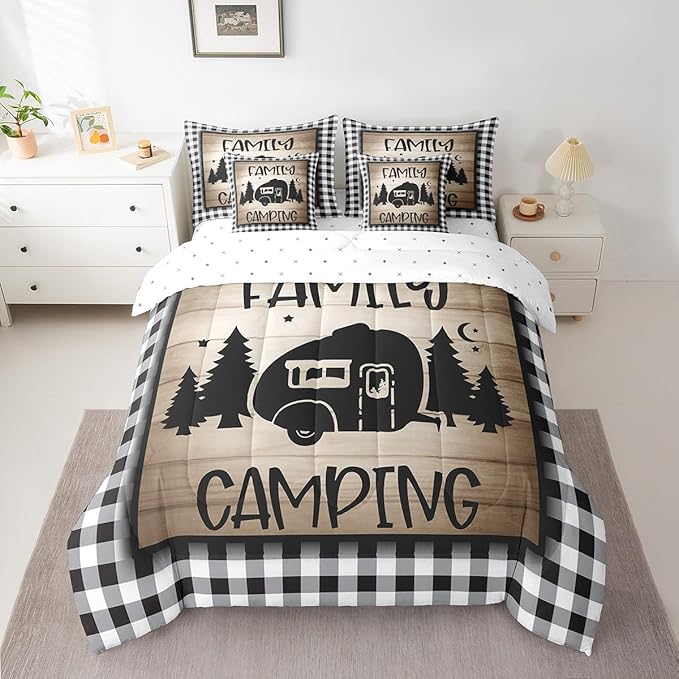 King 7Pcs Family Camping Comforter Set Bed in a Bag Rv Camper Black and White Sketch Lines Comforter Set with Sheets(1 Comforter, 1 Flat Sheet 1 Fitted Sheet 2 Pillowcases and 2 Throw Pillow Covers)