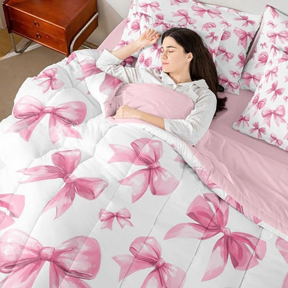 Feelyou Pink Bow Comforter Set with Sheets 7 Piece Twin Size Cute Bowknot Bed in a Bag Kids Boys Girls Princess Decor Bedding Set Kawaii Bedroom Decor Breathable Soft Lightweight Microfiber