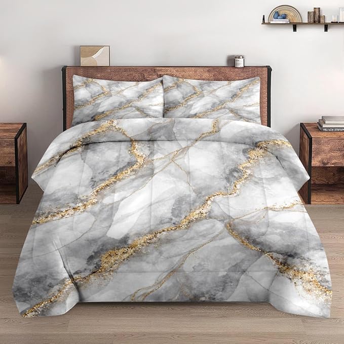Comforter Set King Size, Marble Stone White Gold Soft 3 Pcs Bedding for Adults, Gray Vintage Comforter Set with Pillowcase, for Bedroom Bed Decor