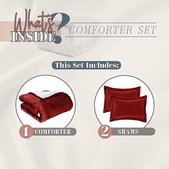 Elegant Comfort Super Soft Sherpa Comforter 3-Piece Set Premium Quality, Heavy Weight Reversible Down Alternative Micro-Suede, Sherpa Comforter, Full, Flaming Burgundy