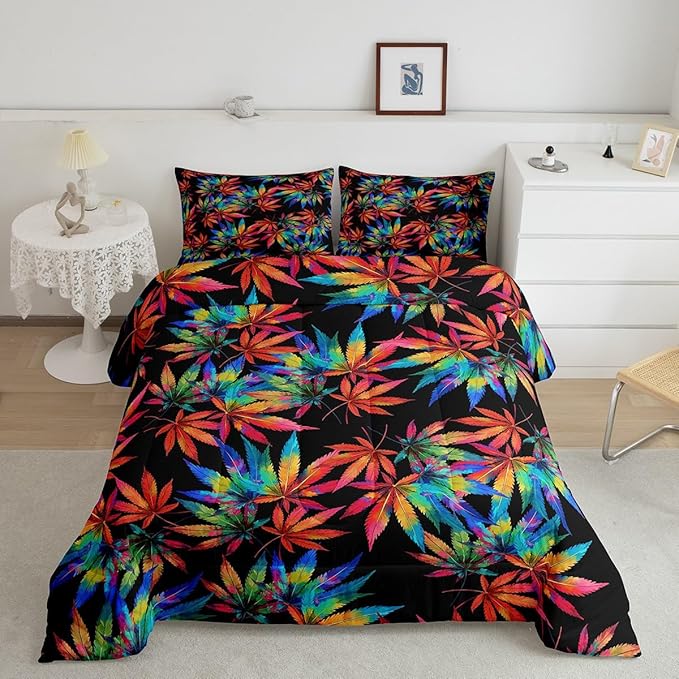 Erosebridal Leaves Comforter Set Full,Rainbow Leaf Bedding for Kids Teens Adults,Colorful Hippie Down Comforter,Tropical Botanical Bedding Comforter Sets