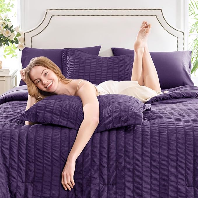 CozyLux King Size Comforter Set Purple Seersucker 7 Pieces Bed in a Bag King Comforter Set with Sheets, Luxury Soft Bedding Set with Down Alternative Comforter, Sheets, Pillowcases & Shams All Seasons