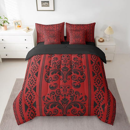 Comforter Set King Size, Dark Red Damask Aztec 7 Pcs Bedding for Kids and Adults, Antique Decor Western Baroque Gothic Bed Sheet Sets with Fitted Sheet 2 Pillowcases & 2 Shams for Bedroom Bed Decor