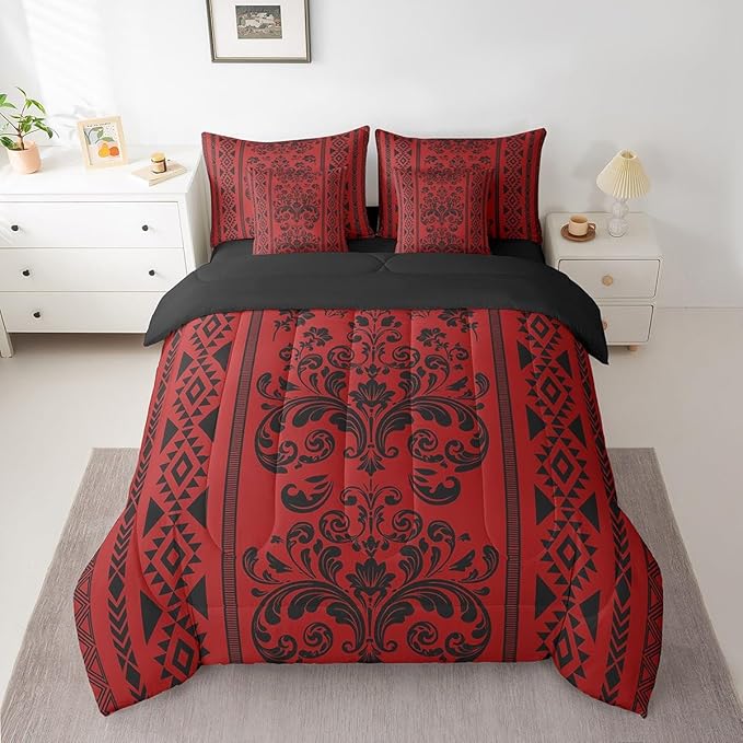 Comforter Set Twin Size, Dark Red Damask Aztec 7 Pcs Bedding for Kids and Adults, Antique Decor Western Baroque Gothic Bed Sheet Sets with Fitted Sheet 2 Pillowcases & 2 Shams for Bedroom Bed Decor
