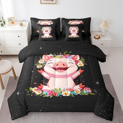 Erosebridal Pink Pig 7 Piece Comforter Set for Girls Kawaii Room Decor Full,Rose Floral Leaf Bed in a Bag with Flat Sheet and Fitted Sheet,Cute Farm Animal Cartoon Bedding Set with Pillowcase & Sham