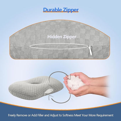 Ear Piercing Pillow with an Hole for CNH and Ear Pain Inflammation Pressure Sores for Side Sleepers, Cotton and Polyester Side Sleeper Pillow, Washable and Adjustable Ear Guard Pillow, Gray