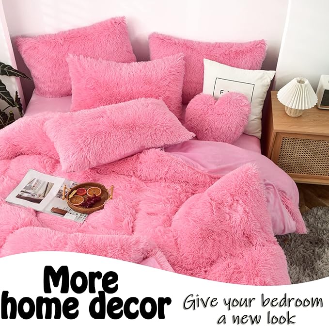 MorroMorn Fluffy Heart Throw Pillows, Shaggy Decorative Pillow for Sofa Couch Bed, Cute Room Decor Decorations for Women Girls Kids (Pink)