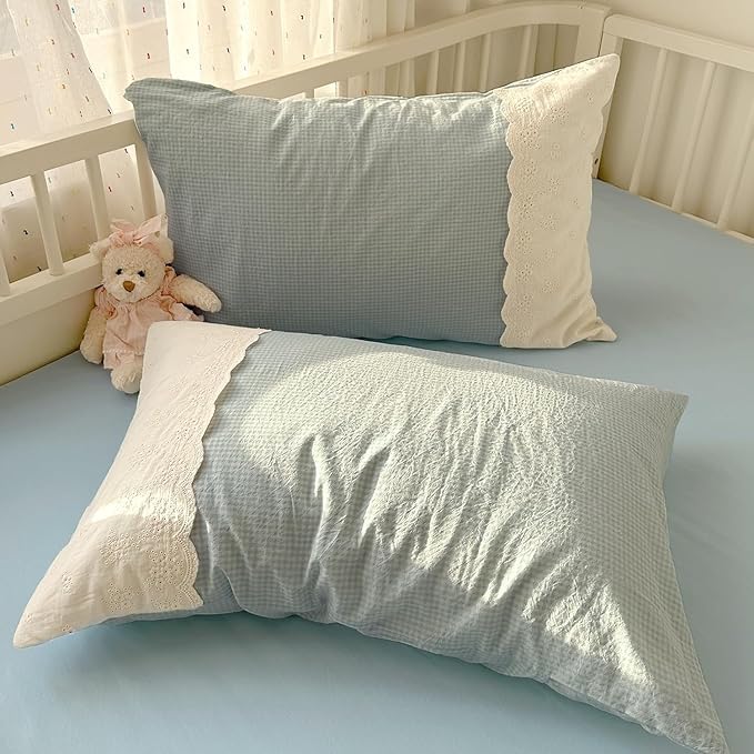 mixinni Light Blue Gingham Comforter Set Queen - 3 Piece Soft Washed Microfiber Plaid Bedding Set with Lace Trim, All Seasons Fluffy Comforter & Pillowcases, Farmhouse French Country Aesthetic