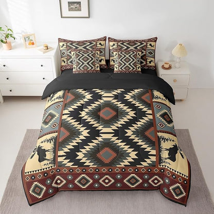 Erosebridal Buffalo Southwest Rustic 7-Piece Comforter Set King,Country Farmhouse Aztec Bedding Set for Teens Adult,Tribal Deer Sheets Wildlife Hunting Theme Duvet Insert Western Cabin Decor