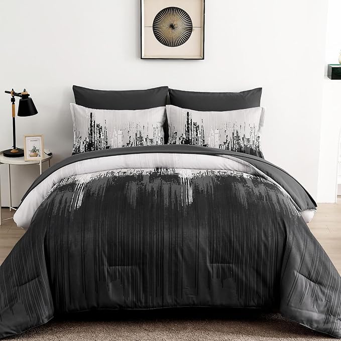 WONGS BEDDING Comforter Set Queen,Black Grey 7 Pieces Bed in a Bag Colorful Abstract Art Gradient Comforter Soft Microfiber Bedding Set with Comforter,Flat Sheet,Fitted Sheet,Pillow Shams,Pillowcases
