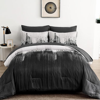 WONGS BEDDING Comforter Set Queen,Black Grey 7 Pieces Bed in a Bag Colorful Abstract Art Gradient Comforter Soft Microfiber Bedding Set with Comforter,Flat Sheet,Fitted Sheet,Pillow Shams,Pillowcases
