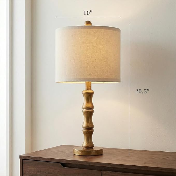 BOBOMOMO 20.5" Vintage Nightstand Lamps Set of 2, Farmhouse Table Lamps with Antique Gold Resin Base & Linen Shade, Small Bedside Lamp for Bedroom, Living Room, Office & Elegant Home Décor