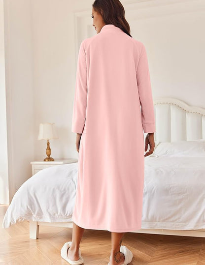 Ekouaer Women Zipper Robe Long Sleeves House Coat Soft Bathrobe Sleepwear with Pockets Housecoat Loungewear