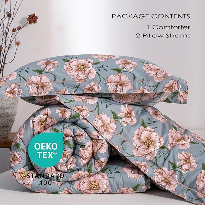 Cotton Comforter Queen Size Set – Blue Green Blush Floral Cotton Shell Bedding, Soft & Breathable, All-Season Down-Alternative Fill, Includes 1 Comforter & 2 Pillow Shams