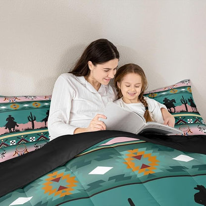 Erosebridal Western Comforter Set Twin Size, Longhorn Skull Dream Catcher Boho Bedding Set for Kids Boys Teens Adult Bedroom, Cowboy Horse Aztec Quilt Southwestern Geometric Duvet Insert, Green