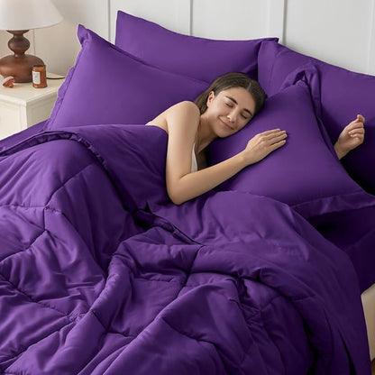 JOLLYVOGUE California King Comforter Set, Ultra-Soft Bed in a Bag Cal King Size 7 Pieces, Oeko-TEX Certified Bedding Set with Down Alternative Comforter, Sheets, Pillowcases & Shams, Purple