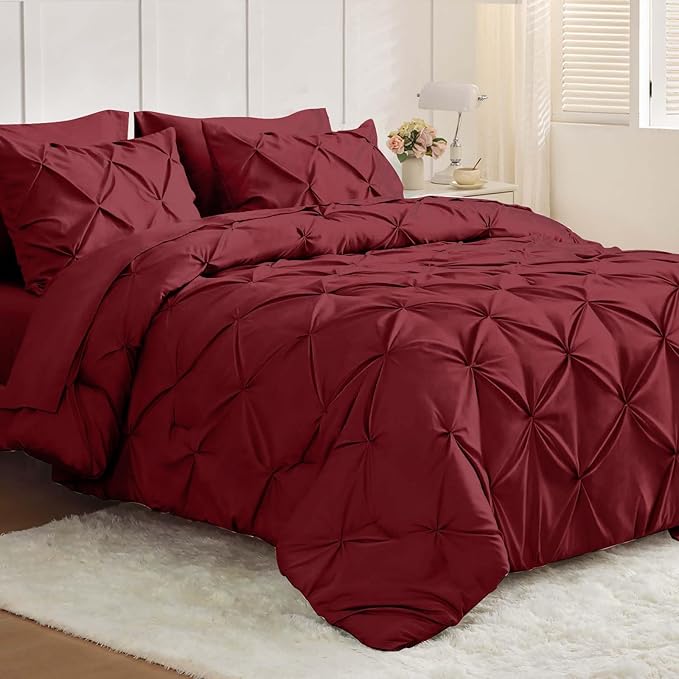 JOLLYVOGUE Queen Comforter Set 7 Pieces - Bed in a Bag Queen for All Season, Pintuck Bedding Comforter Sets with Comforter, Flat Sheet, Fitted Sheet and Pillowcases & Shams, Burgundy