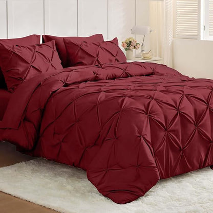 JOLLYVOGUE Full Size Comforter Sets 7 Pieces - Bed in a Bag Full for All Season, Pintuck Bedding Comforter Sets with Comforter, Flat Sheet, Fitted Sheet and Pillowcases & Shams, Burgundy