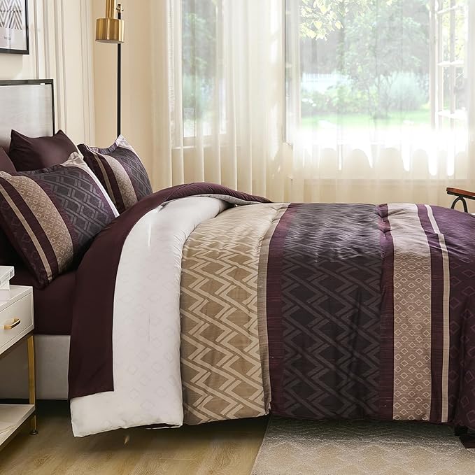 Cottolester Boho Comforter Set King Size,Red Brown Striped Bed in a Bag,Plaid Comforter and Sheet Set,Soft Microfiber Complete Bedding Sets