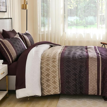 Cottolester Boho Comforter Set King Size,Red Brown Striped Bed in a Bag,Plaid Comforter and Sheet Set,Soft Microfiber Complete Bedding Sets