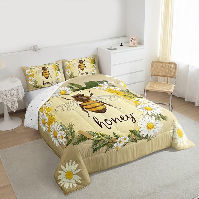 Erosebridal Kawaii Honey Bee Bedding Set Queen Cute Geometric Honeycomb Comforter Set Farm Rustic Daisy Floral Comforter for Kids Girls Teen Women,Soft Lightweight Quilt Duvet with 2 Pillow Cases