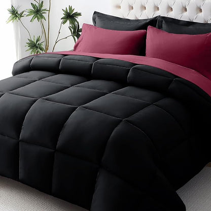 JOLLYVOGUE Queen Comforter Set, Ultra-Soft Bed in a Bag Queen Size 7 Pieces, Oeko-TEX Certified Bedding Set with Down Alternative Comforter, Sheets, Pillowcases & Shams, Burgundy & Black