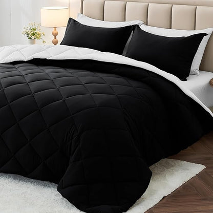 MUXHOMO 5 Pieces Twin Comforter Set, Reversible Bed in a Bag Twin Size, All Season Bedding Set with Comforter, Flat Sheet, Fitted Sheet, Pillowcases & Shams, Black & White