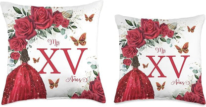 Red Roses Floral Quinceañera Mis XV Años Throw Pillow