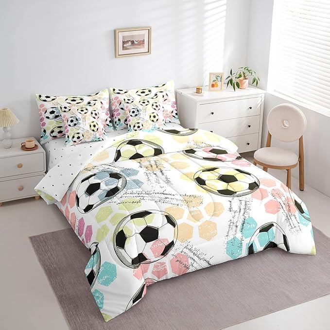 Feelyou Boys Soccer Ball Comforter Set Full Size 7 Pcs Girls Football Comforter Bed in a Bag Soccer Ball Game Bedding Set for Teens Sports Bed Set with Sheets, Pillowcases, Pillow Covers