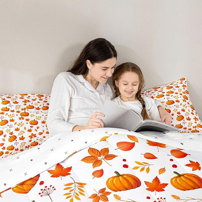Happy Fall Comforter Set Halloween Pumpkin Autumn Bedding Sets Full,Cute Fall Flowers Maple Leaves Bedding Quilted Thanksgiving Comforter Gifts for Kids Boys Girls Fall Home Bedroom Decor 3 Pcs