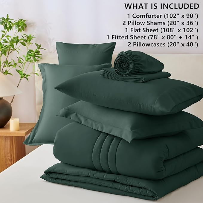 CozyLux King Comforter Set - 7 Pieces Bed in a Bag Forest Green Comforter Set with Sheets Luxury Bed Set All Seasons, Soft Bedding Set with Down Alternative Comforter, Sheets, Pillowcases & Shams
