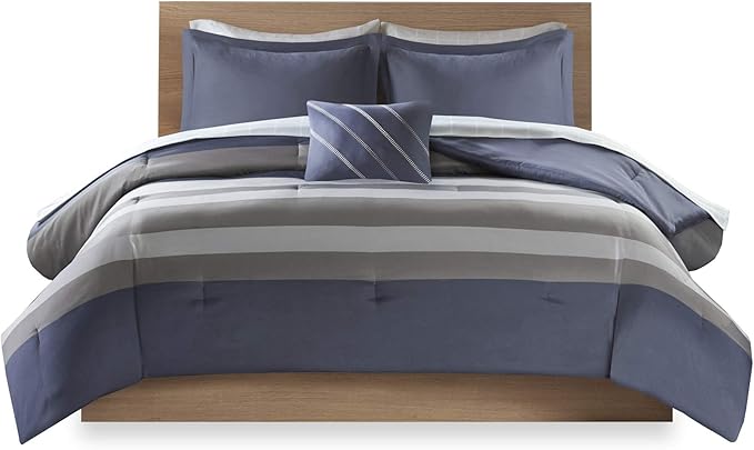 Intelligent Design Marsden Comforter Stripes Design Embroidered Toss Pillow Casual All Season Bedding Matching Sham and Complete Sheet Set, Full, Blue/Grey 8 Piece
