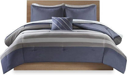Intelligent Design Marsden Comforter Stripes Design Embroidered Toss Pillow Casual All Season Bedding Matching Sham and Complete Sheet Set, Full, Blue/Grey 8 Piece
