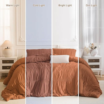 Masaca Pumpkin Oversized King Comforter 128x120,Ruched Ruffle Textured Bedding Comforter Set,3Pcs Ultra Soft Fluffy Shabby Boho Brown Orange Comforter Sets Extra Large