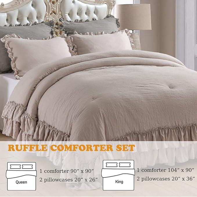 Masaca Taupe Ruffled Comforter Set for Queen Bed,3 Pieces Vintage Farmhouse Shabby Bedding Set Lightweight Ultra Soft French Country Bedding (1 Farmhouse Comforter +2 Pillowcases)